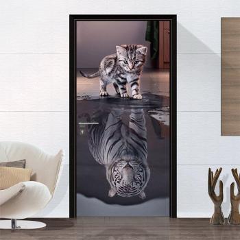 Papier peint 3D tigre et chat, autocollant décoratif porte, vinyle