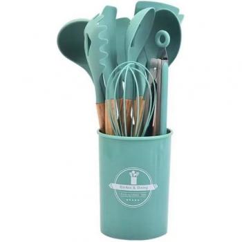 All-in-One Nonstick Silicone Utensils Set with 12 Pieces, Wooden Handles, and Storage Box