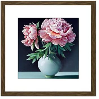 Soft Pink Peony Wall Decor – 8x8 Square Framed Art Print in Brown