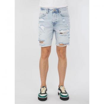 Pantaloni corti in denim decorati con motivo blu per uomo, 36