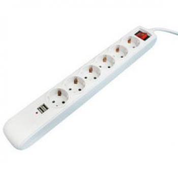 Stazione di alimentazione 5 prese 2 USB Schuko interruttore + cavo 1,5 m bianco