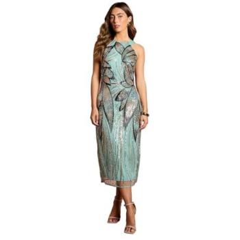 Coastal Chic Teal Beaded Midi Dress – High Neck