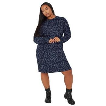 Yours Leopard‑Print Pulloverkleid für Frau in Blau – SoftTouch und Curve Plus