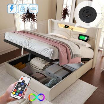 Letto Boxspring Imbottito 140x200, Ricarica USB C, LED, Lino Beige (senza materasso)