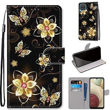 Card Holder Flip Cover for Samsung Galaxy A12/M12 in Golden Painted Leather
