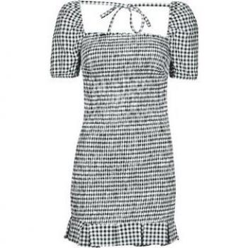 Robe Femme Court Vichy Print, Volants et Bordure Smockée – Noir, Coton, Coupe Droite