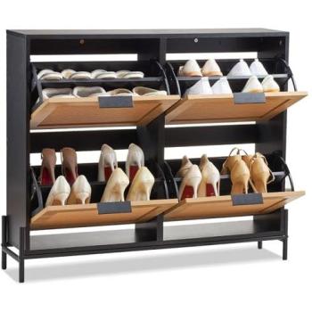 Heller Holz‑Schuhkipper aus Rattan, 4 Schubladen