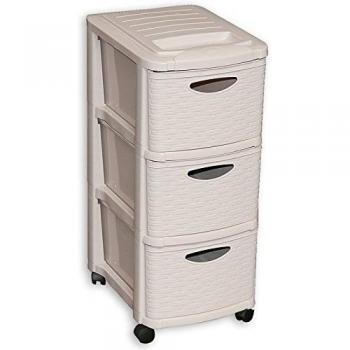 Torre organizadora con 3 cajones, efecto mimbre, ruedas, color beige