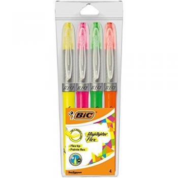 Surligneurs BIC Flex, pointe souple, 4 couleurs fluo, étui de 4