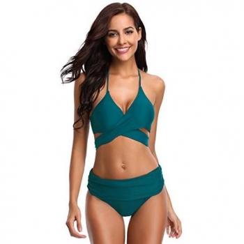 SHEKINI Costumi da Bagno Donna Due Pezzi Halter Bandage Verde Scuro
