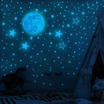 3 Colors Glow-in-the-Dark Stars and Moon Wall Stickers for Kids' Room Decoration, Removable