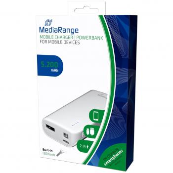 MediaRange Mobiles Ladegerät I Powerbank 5.200mAh mit LED-Taschenlampe, 1x USB-A, weiß/grau
