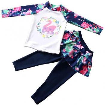 Girls' Cartoon Print Long Sleeve Swimsuit with Skirt (2-12 Years)