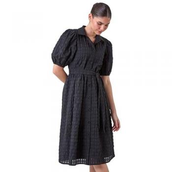 Black Textured Puff Sleeve Midi Dress for Women