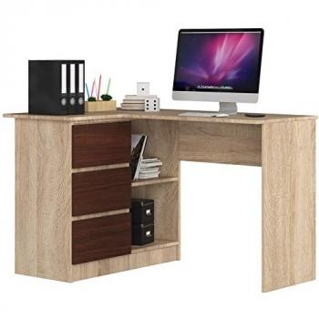 Scrivania ad angolo AKORD B16 sinistra con 3 cassetti e 2 ripiani, 124x85x77 cm, colore Rovere Sonoma e Wengé