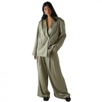 Women’s Khaki Satin Wide-Leg Trousers, Raw Waistcut