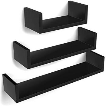 SONGMICS Wandregal, 3er Set, U-Form, Hochglanz schwarz, 30/45/60 cm