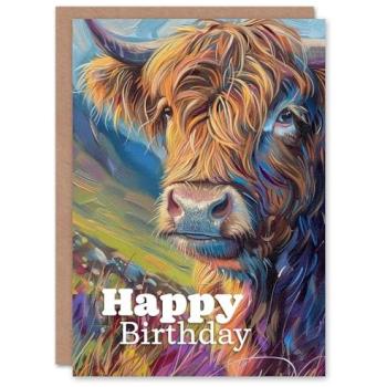 Artery8 Scottish Cow Birthday Card – Brown Hairy Coo Illustration