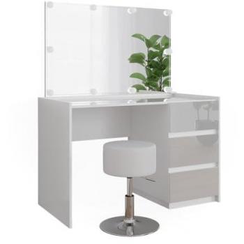 Tocador Marla, 120 cm, blanco alto brillo, con espejo, taburete y luces de hadas LED
