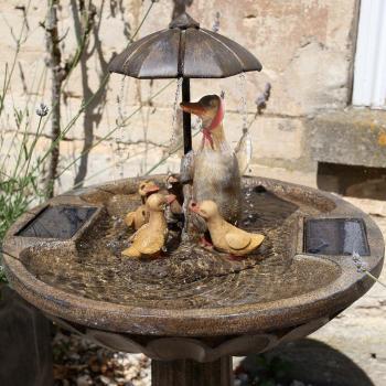 Duck Family Bronze Solar-Powered Garden Fountain
