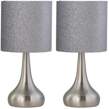 Romana Dual Nightstand Lights – Brushed Chrome, Touch Activation, Glittering Shade