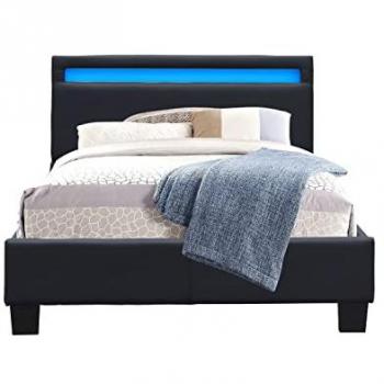 Lit en bois massif noir 90x190 avec tête de lit lumineuse