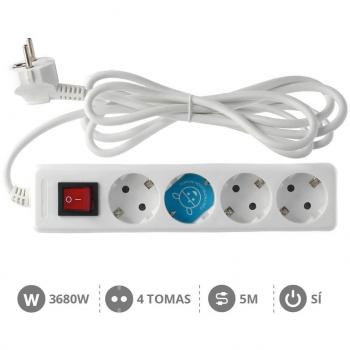 Base Múltiple 4 Enchufes + Interruptor Luminoso 5m Blanco