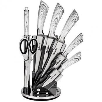 Velaze 8‑Piece Stainless Steel Knife Set in Grey, Featuring Spin‑Block Sharpener and Hollow Handles