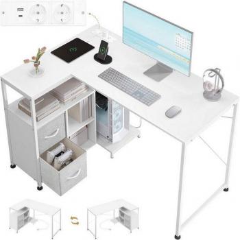 White WOLTU L-Shaped Desk for Study, Features Reversible Shelf & Dual USB Chargers