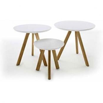 Trio PEGANE de tables basses ronds, couleur blanche, pieds chêne