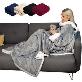 Plaid intégral manié à poche 140x210 cm – Sherpa & flanelle – Couverture polaire adulte – Gris – Vivezen