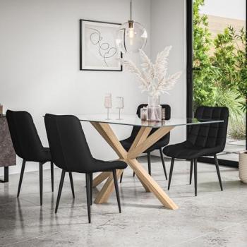 Etta Glass Top Dining Table with Solid Oak Legs and Faux Leather Chairs