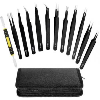 Precision Tweezers Set with Crowbar, 12 Pieces