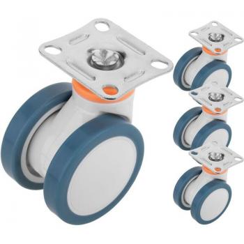 Roues pivotantes en PU et ABS pour lit médical, double, fixation plaque, dimensions 75x56x98mm, 4 pièces