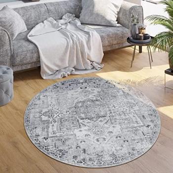 Tapis Rond Vintage 120 cm Gris Beige Lavable