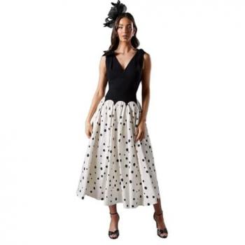 Coast Women's Mono Spot Races Drop Waist Bow Midi Dress with Shoulder Detail (Size 8)