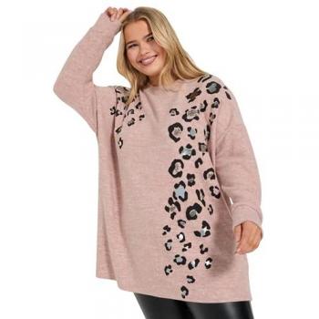 Yours Curve – Animal Print Pullover in Pink mit Glitzersteinen