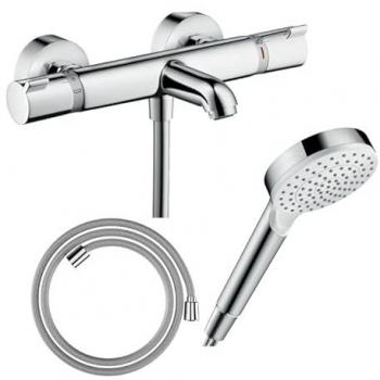 Ecostat Comfort – Pack Mitigeur Bain Thermostatique avec Flexible Designflex 1,6 m et Pommeau Vernis Blend EcoSmart Chromé