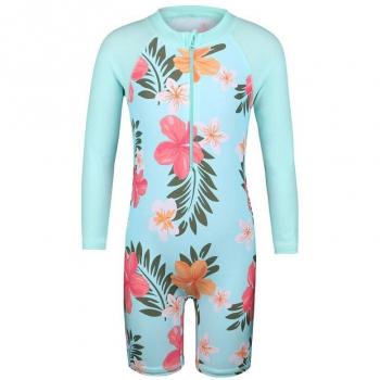 BAOHULU Girls Long Sleeve Rashguard Swimsuit Cyan Flower UPF50+