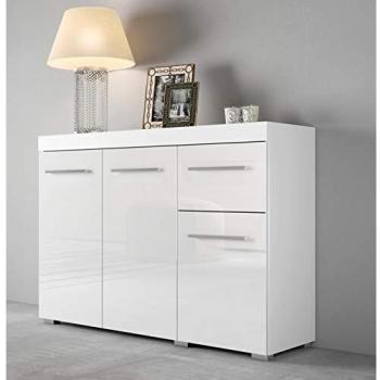 Hochglanz-Melamin-Wilmes Kommode – Weiß/Weiß Fronten, 3 Türen + 1 Schublade