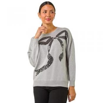 Roman Women's Grey Sequin Bow Knit Top – Medium (Size 14)
