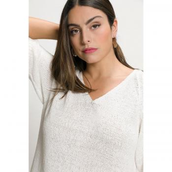 Pullover bianco scollo a V mezze maniche fettuccia donna taglia 48/50 cotone e fibre sintetiche
