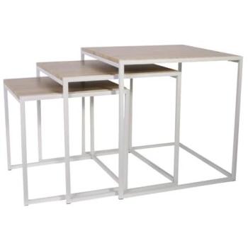 Lot de 3 Tables Empilables Carrées Bois et Métal Blanc