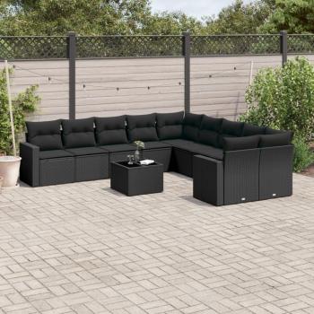 Black Poly Rattan Patio Lounge Set, 11 Parts, Includes Cushions