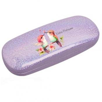 Étui à lunettes violet paillettes colibri et cœurs
