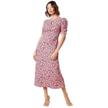 Womens Pink Floral Keyhole Midi Dress