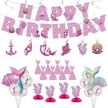 Décorations de fête d'anniversaire sirène pour filles, kit complet de fournitures de fête sirène, bleu avec bannière Joyeux Anniversaire, ballons et décorations tourbillons suspendus