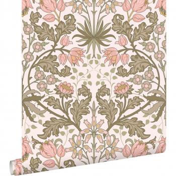 Papel de Pared Rústico Art Nouveau: Diseños Florales en Rosas y Verdes Suaves