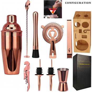 Juego de coctelera de acero inoxidable con accesorios de bambú, 10 piezas para mezclar bebidas