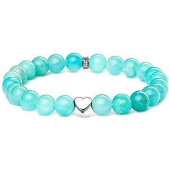 Bracelet Femme Pierre Naturelle, Perles 8 MM, Coeur en Argent 925/1000